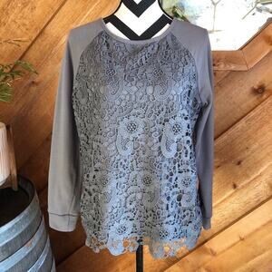 Adrianna Papell Grey Crew Neck Floral Lace Overlay Sweatshirt Medium